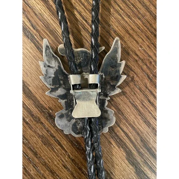 VTG Zuni THUNDERBIRD NATIVE AMERICAN BOLO TIE-TURQUOISE Onyx Sterling MOP Coral - Picture 3 of 5